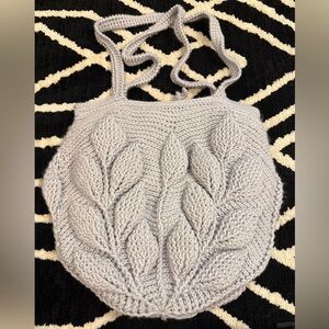 Hand-Knit Bohemian Light Gray Leaf-Pattern Tote Bag